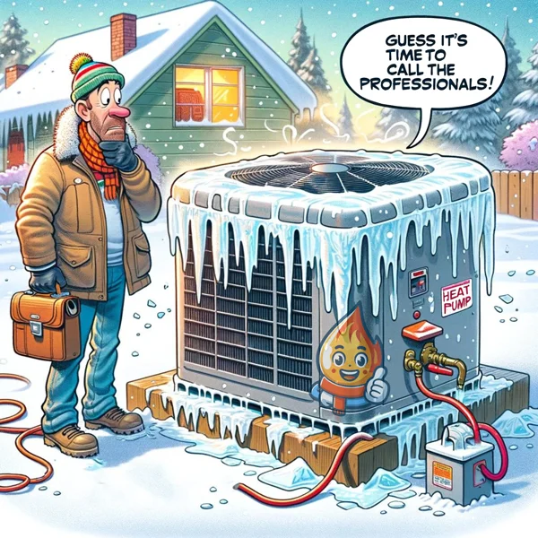 Image of a Calgary homeowner experiencing an HVAC emergency during a snowstorm. 